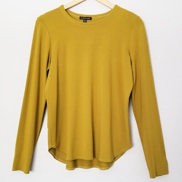 Eileen Fisher Minimalist Chartreus Mustard Long Sleeve Top Jersey Shirt Top S - Picture 1 of 13